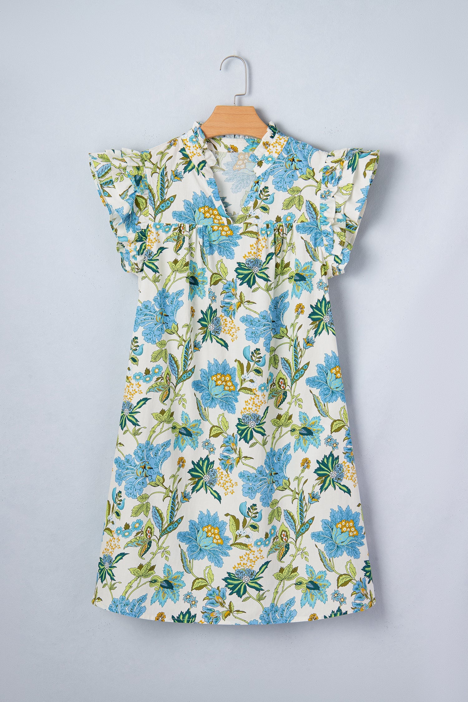 Beige Floral Print V Neck Triple Ruffle Short Sleeve Shift Mini Dress