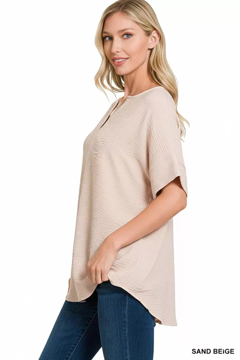 Woven Airflow Split Neck Short Sleeve Top