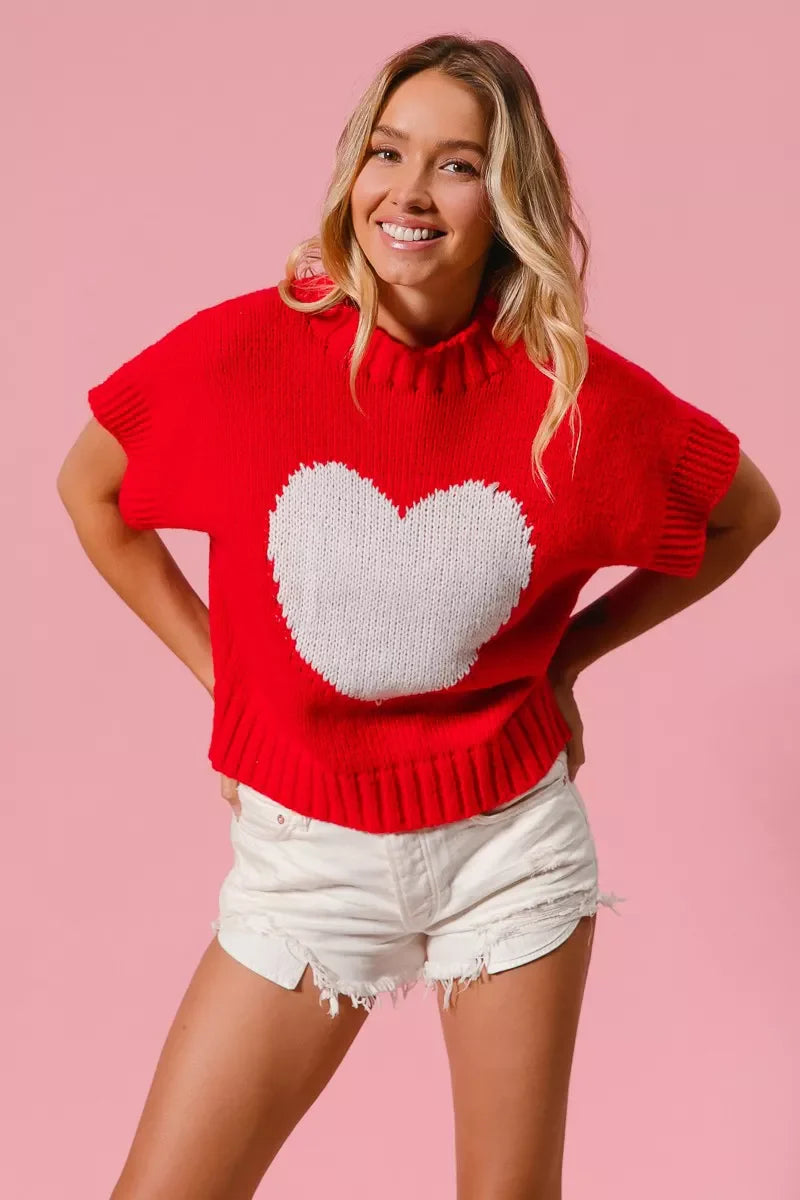 Rib Banded Heart Pattern Valentines Sweater
