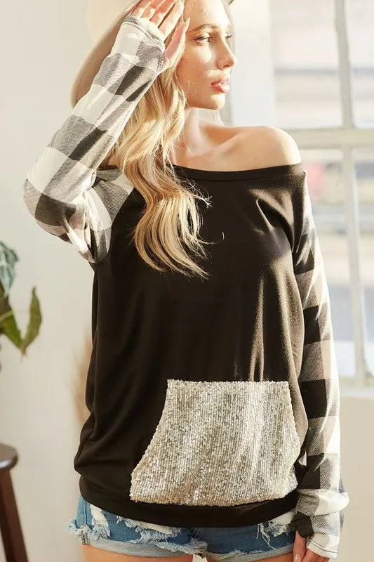 French Terry Top with Sequins Kangaroo Pocket