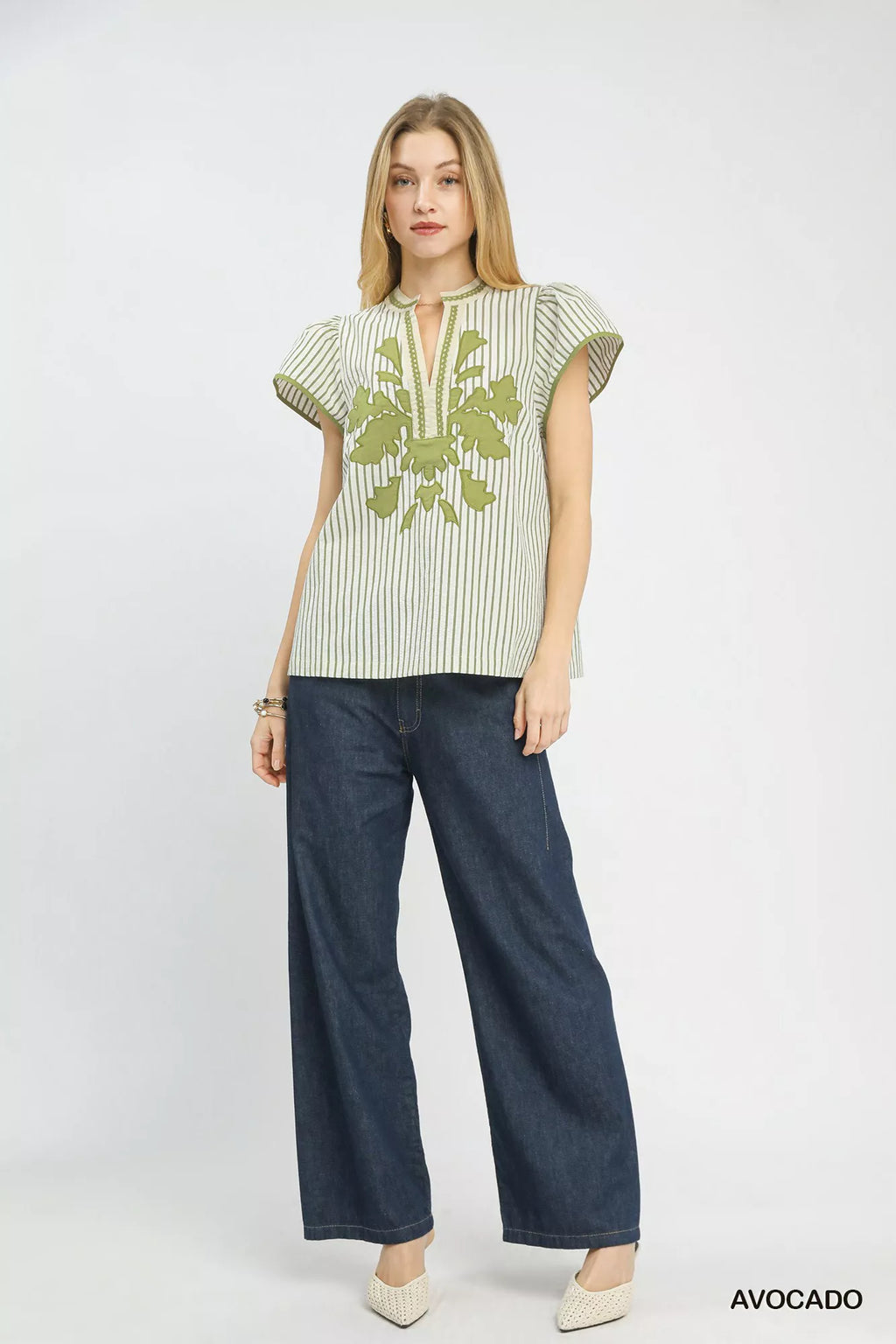 V-Neck Stripe Top with Lace Trim