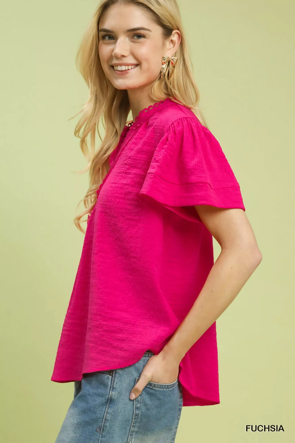 Seersucker Short Sleeve Top with Lace Trim