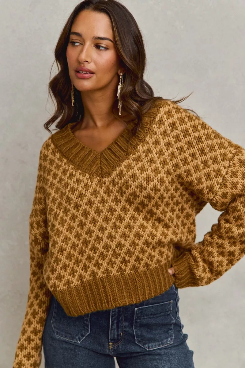 Color Block Textured Christmas Sweater V Neck Top