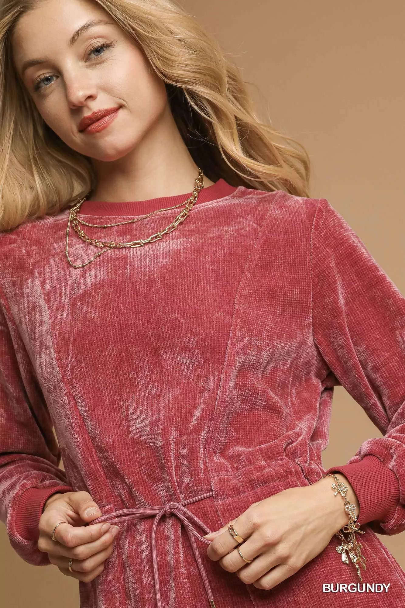 Velour Drawstring Mini Dress with Long Sleeves