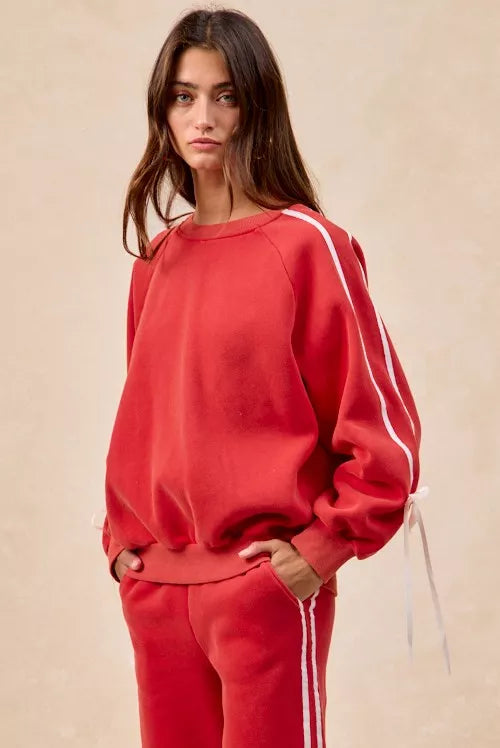 Side Lined Bow Details Fleece Sweatshirt