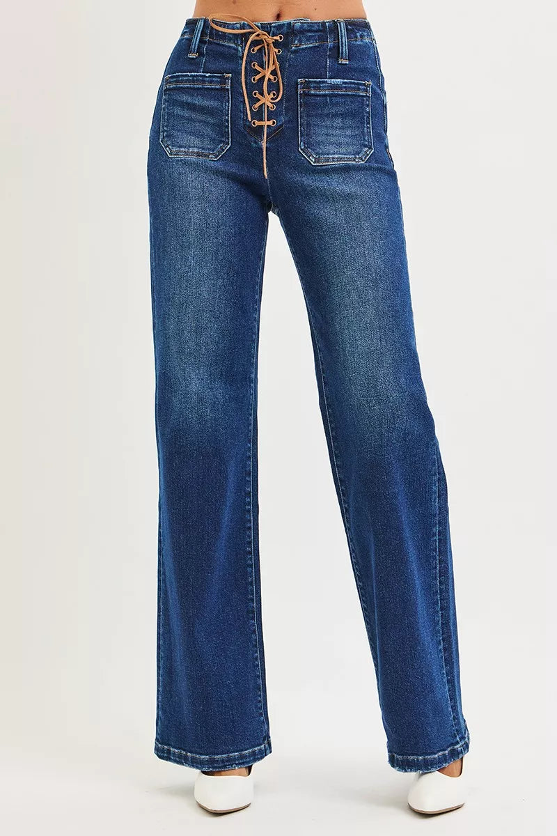 Full Size High Rise Wide Leg Jeans with Front Tie Detail Plus Size