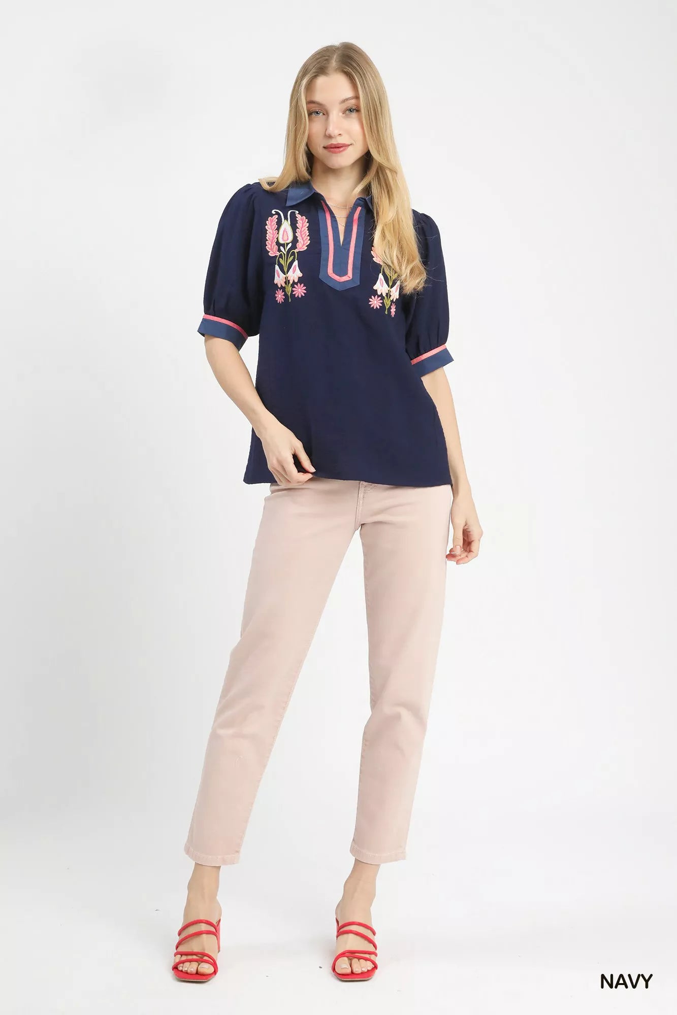 Embroidered Puff Sleeve Contrast Trim Top