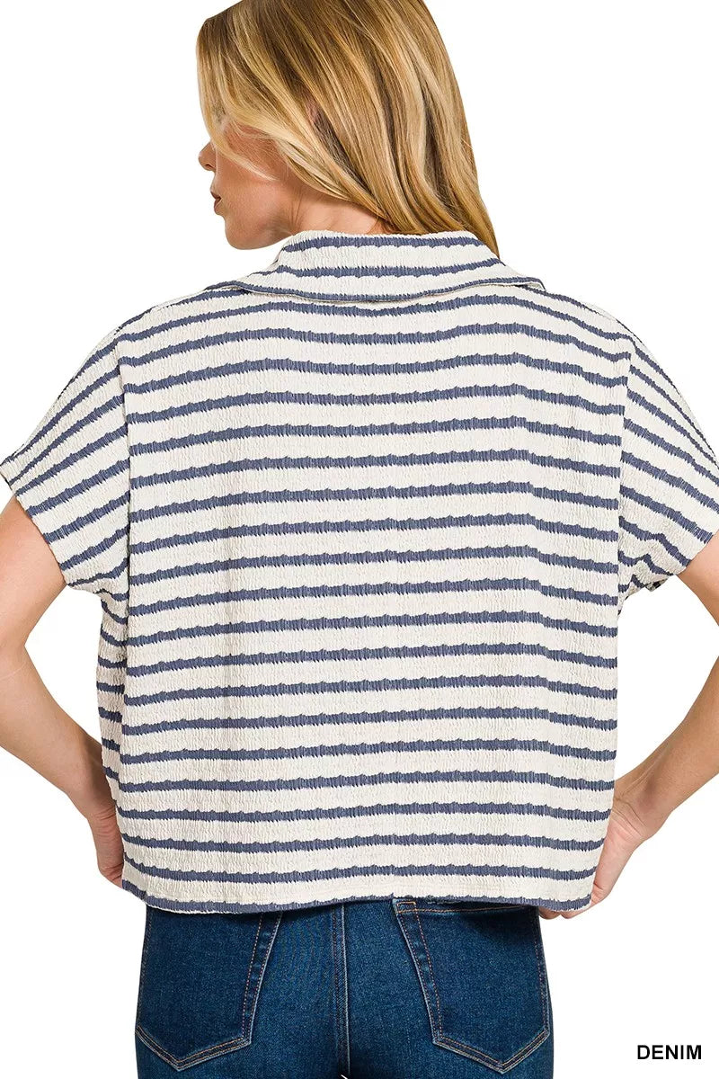 Striped Split Neck Collared Top