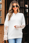 Beige Lace Sleeve Patchwork Faux Two-piece Fuzzy Sweater