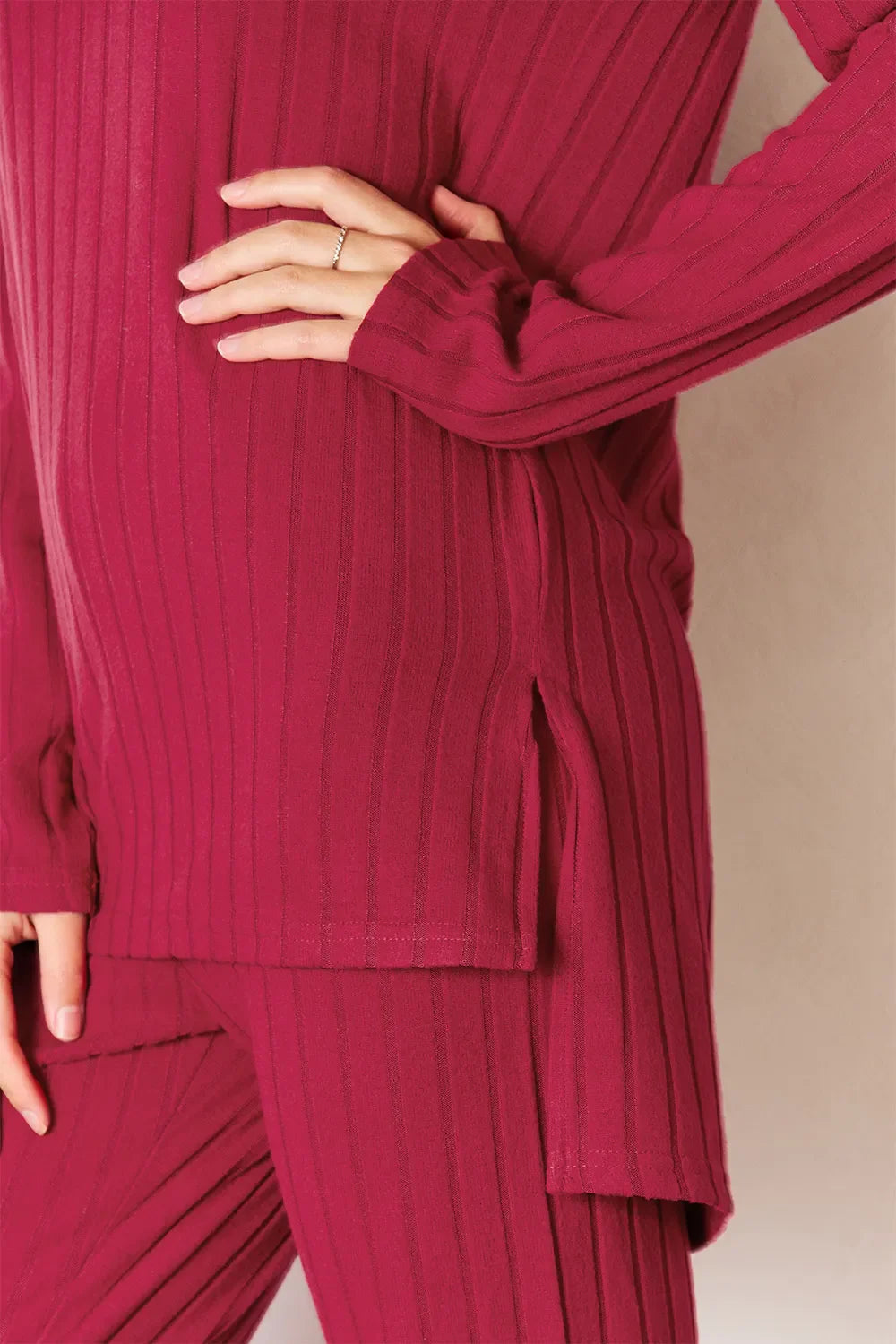 I am a Fashion Junky Full Size Ribbed Round Neck High-Low Slit Top and Pants Set