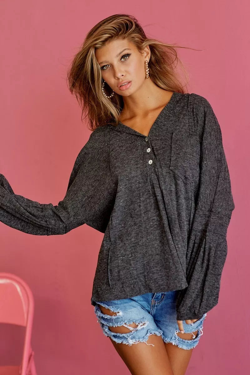 Textured Knit Hoodie with Buttoned Placket
