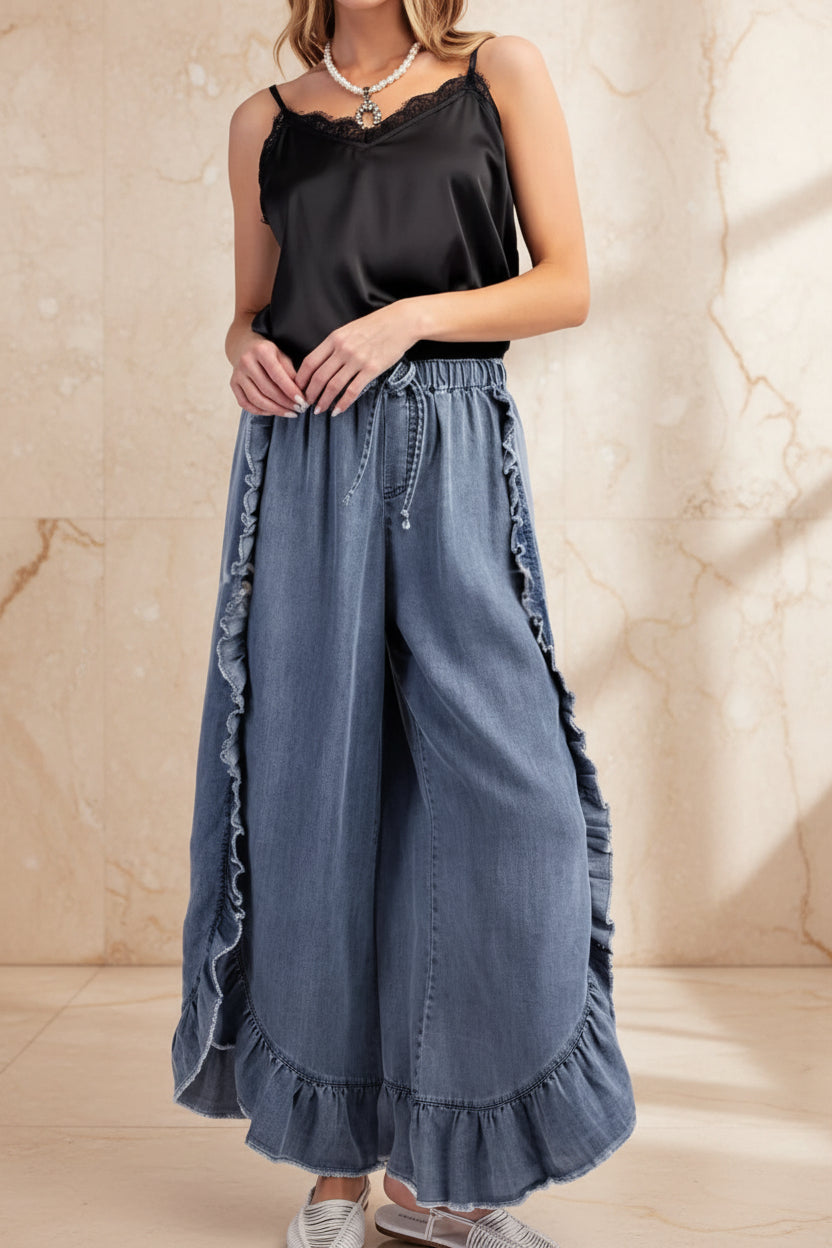 Women's Washed Denim Wide-Leg Flared Pants with Ruffle Hem