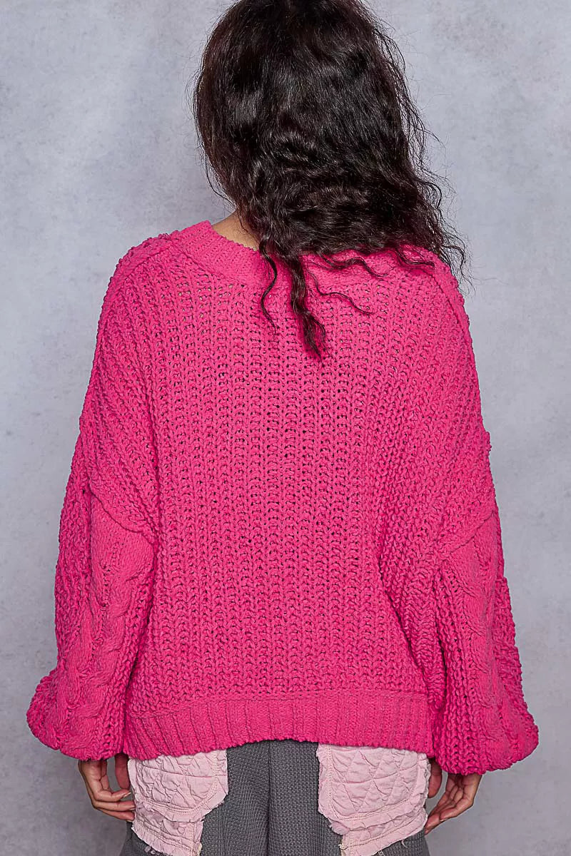 Cable-Knit Solid V-Neck Cropped Sweater