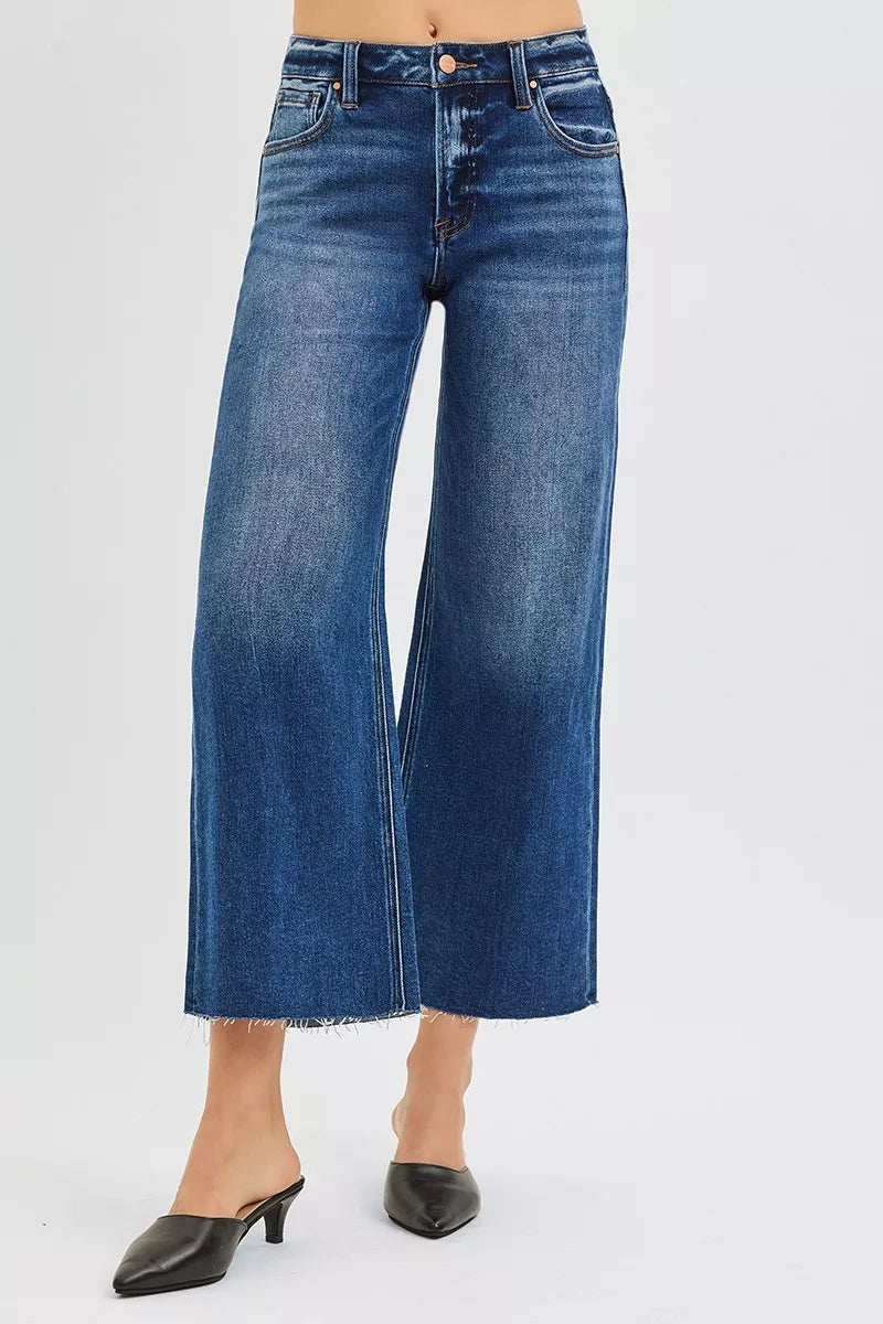 Full Size Mid Rise Crop Wide Raw Cut Hem Jeans Plus Size