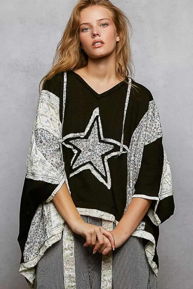 Floral Star Patch Hooded Blouse with Lace Contrast Detail