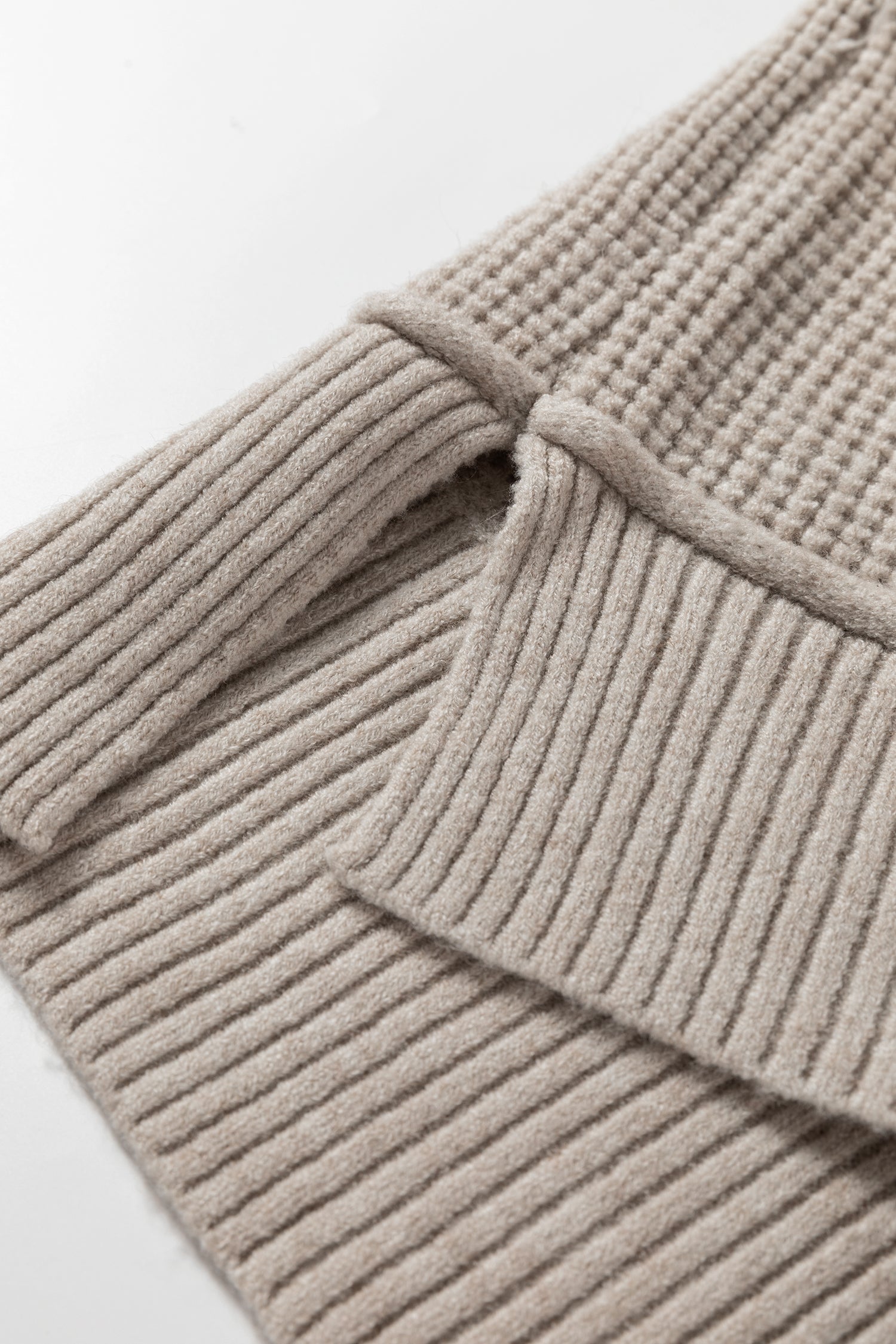 Gray Morn Waffle Texture Knit Ribbed High Neck Drop Shoulder Sweater
