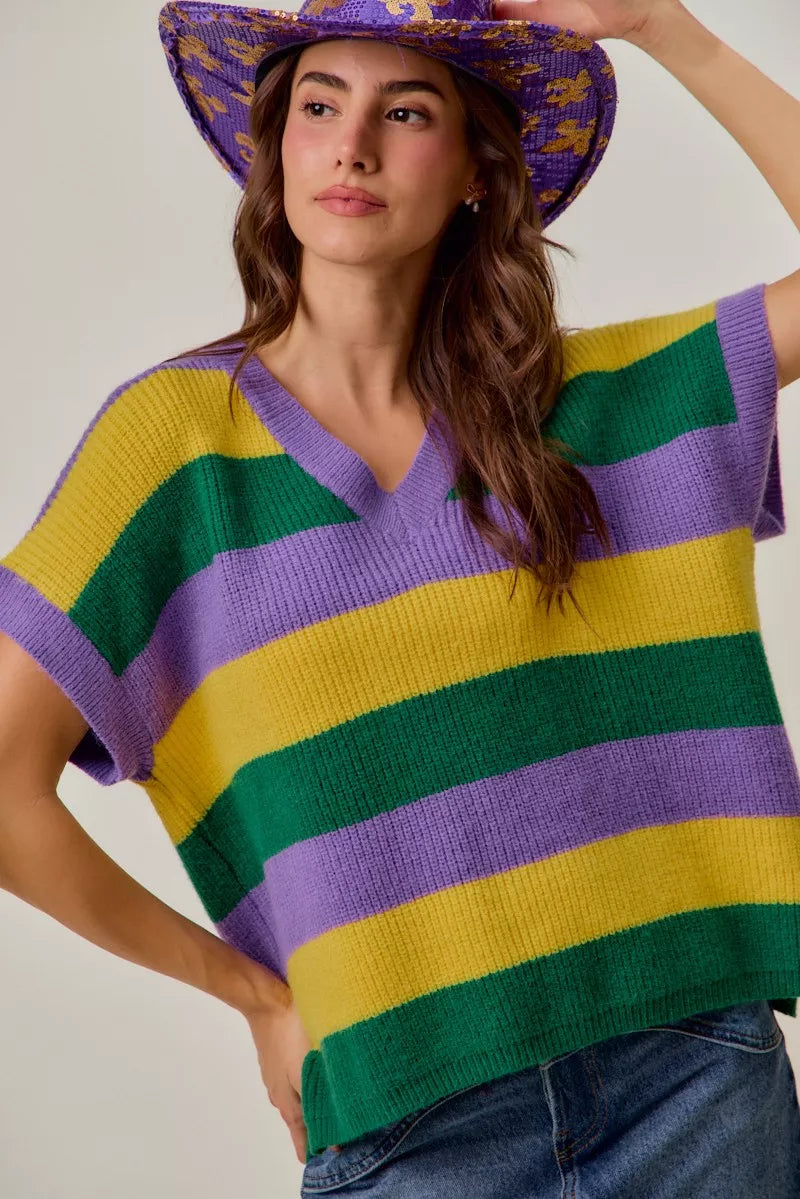 Mardi Gras Loose Fit V Neck Stripe Sweater Top