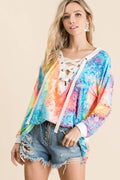 Tie Dye Deep V-neck Top With Lace Up Front