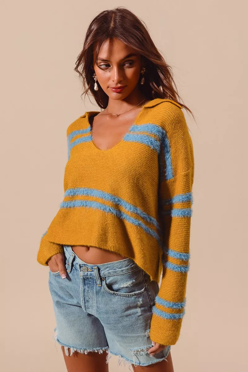 Fuzzy Hairy Stripe Deep U Neck Sweater