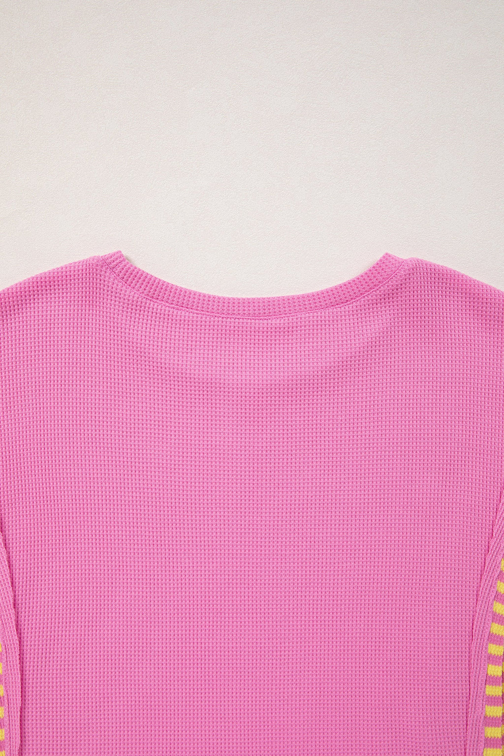 Bright Pink Waffle Textured Contrast Striped Patchwork Loose T Shirt
