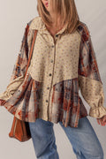 Boho Floral Plaid Patchwork Distressed Detail Ruffled Sleeve Waffle Knit Shacket