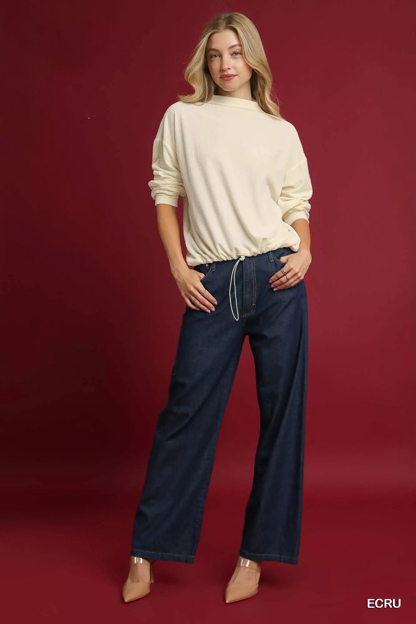 Ribbed Drawstring Hem Knit Top