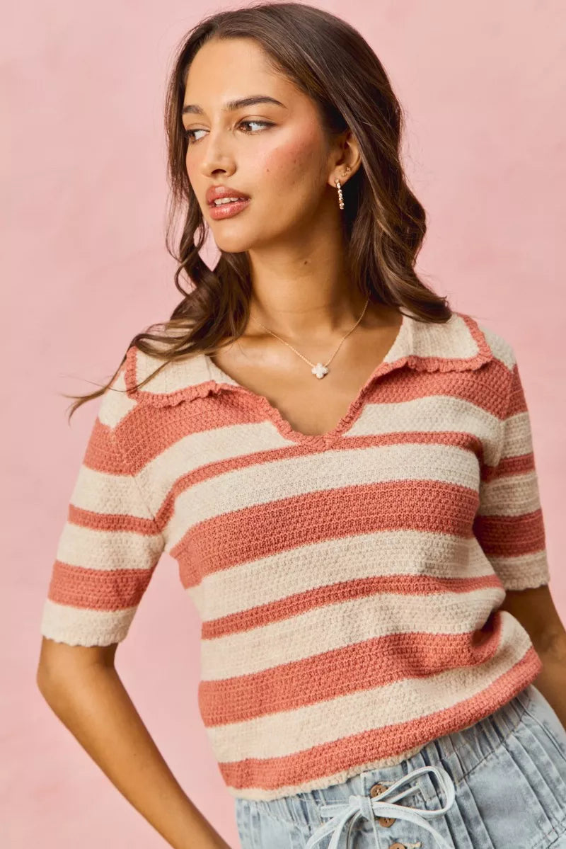 Stripe Short Sleeve Cropped Sweater