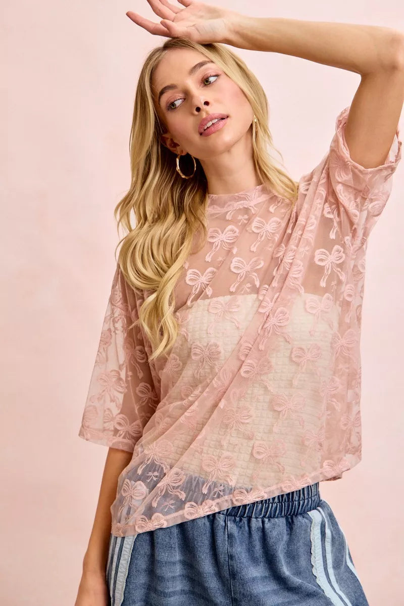 Bow Pattern Short Sleeves Boxy Mesh Top