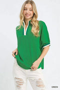 Textured Knit Top with Striped Contrast Trim