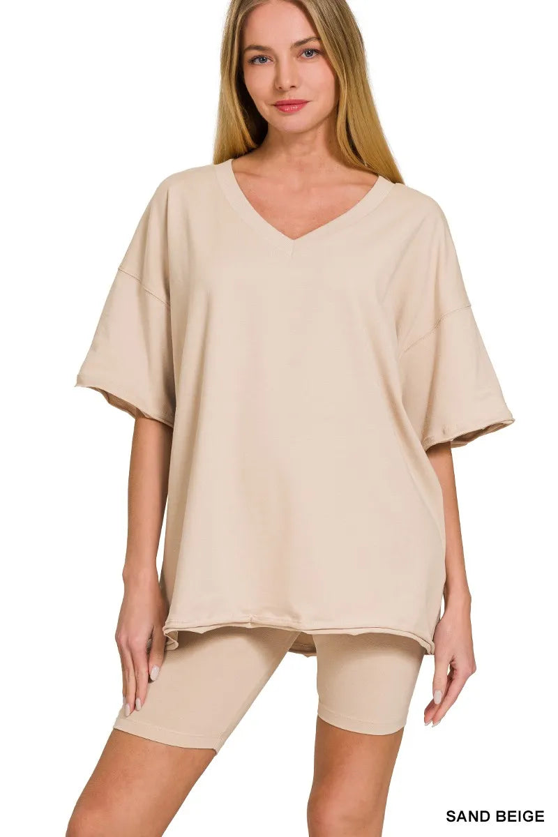 Cotton V-neck Top & Biker Shorts Set