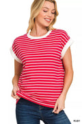 Full Size Contrast Trim Cap Sleeve Stripe Tee Plus Size