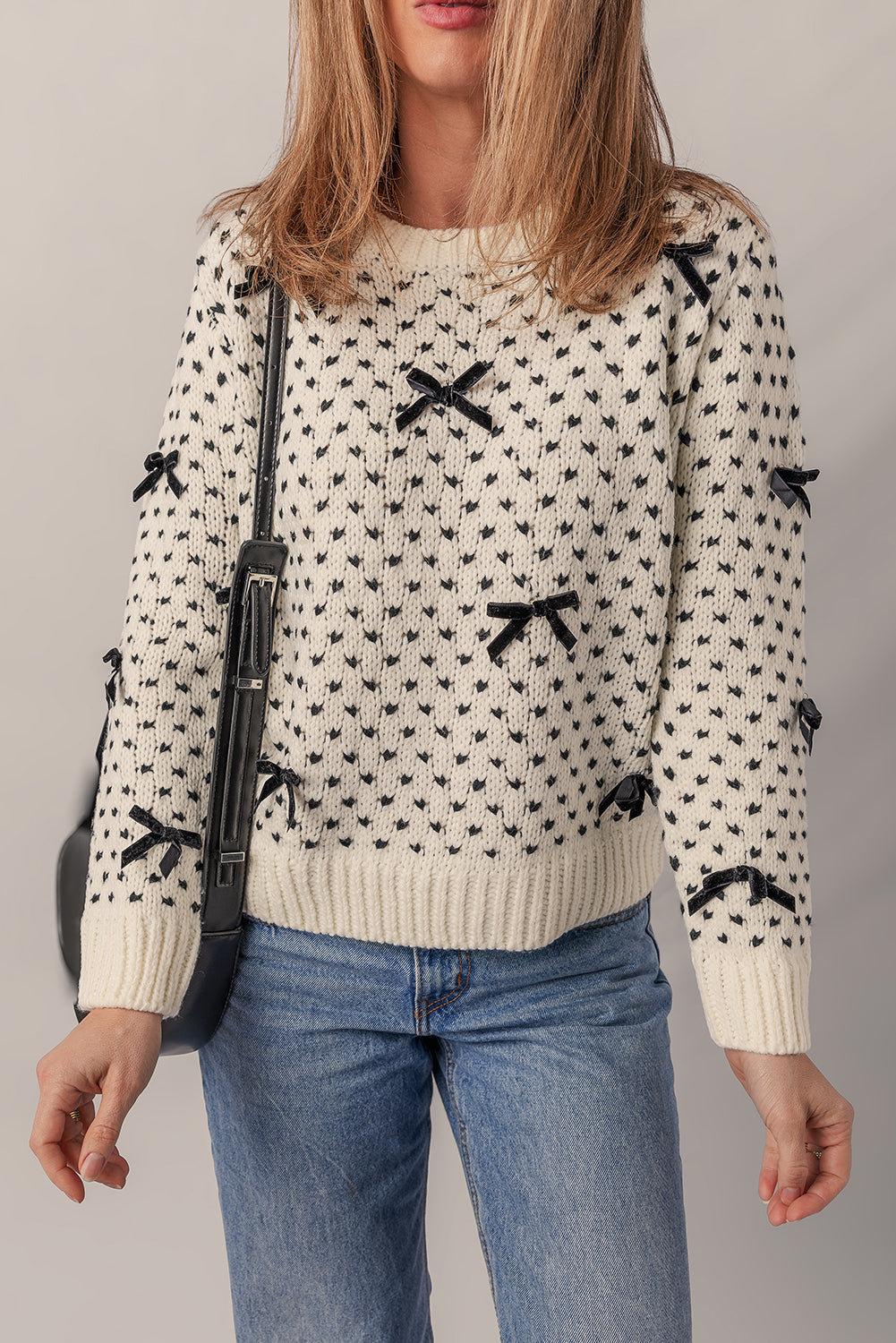 Beige Bow Decor Color Contrast Ribbed Edge Crew Neck Sweater