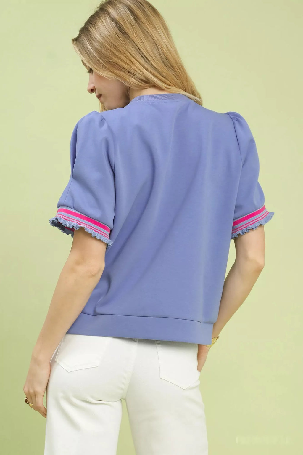 Puff Sleeve Button Front Top with Contrast Trim