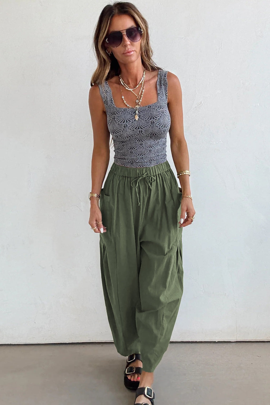 Jungle Green Drawstring Elastic Waist Patch Pocket Barrel Leg Casual Pants