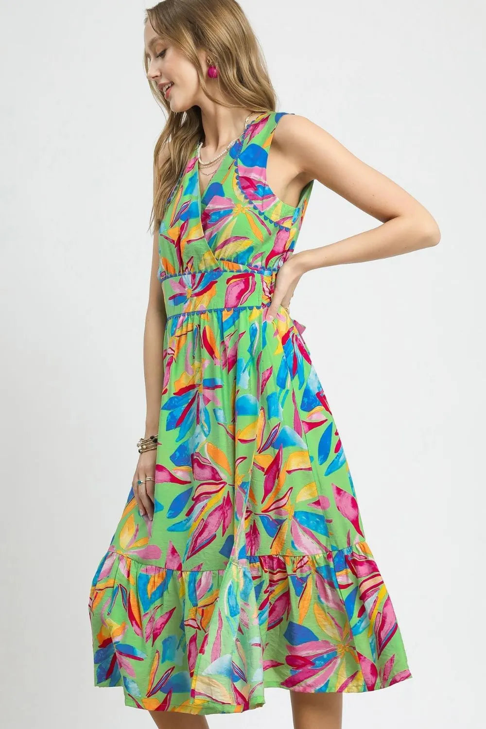 Ruffled Hem Printed Sleeveless Midi Dress