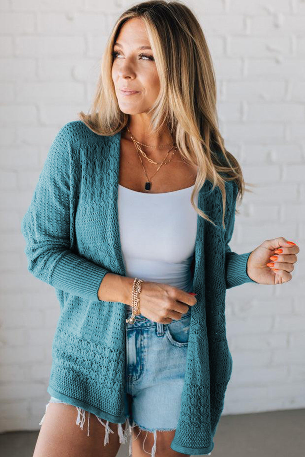 Lapis Mix Pattern Hollowed Knit Open Front Cardigan