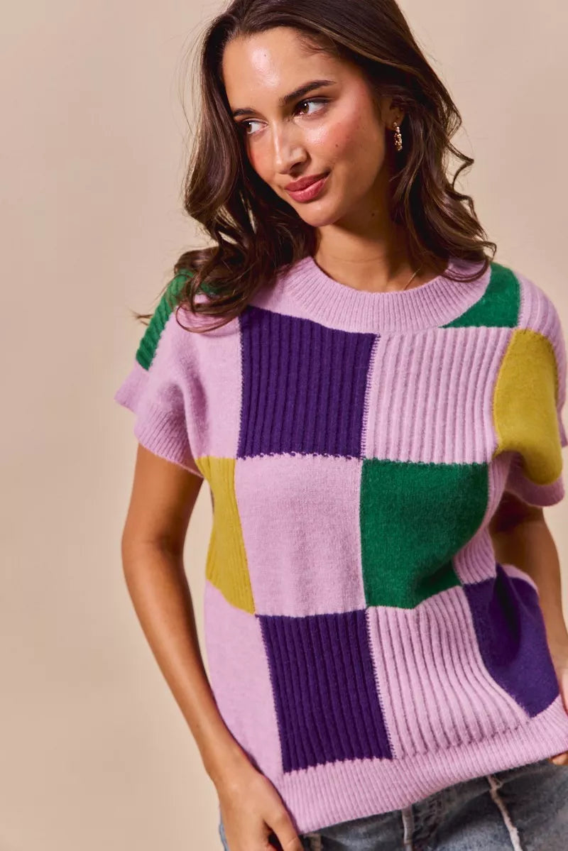 Mardi Gras Check Plaid Casual Sweater Top