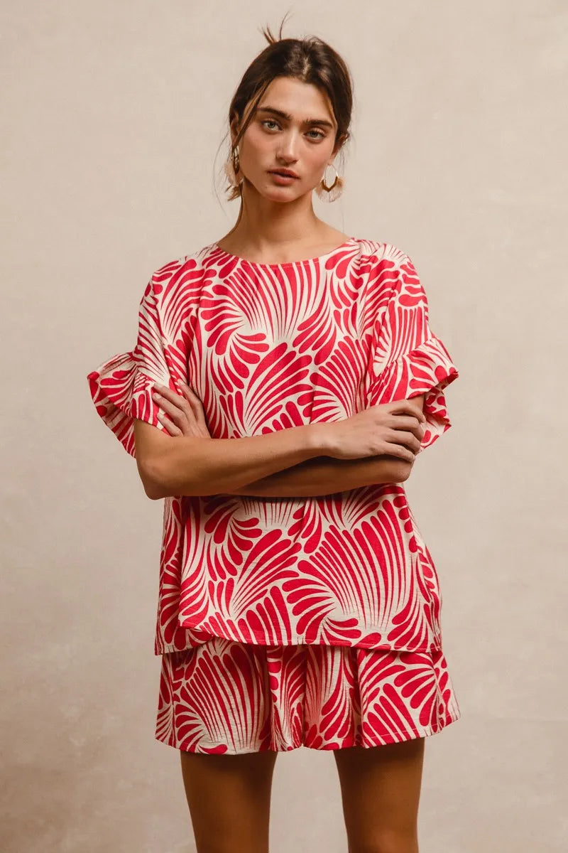 Print Woven Ruffled Sleeves Top