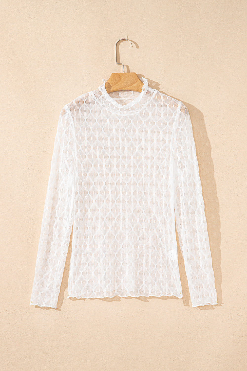 Beige Sheer Mesh Patterned Lettuce Trim Slim Long Sleeve Top