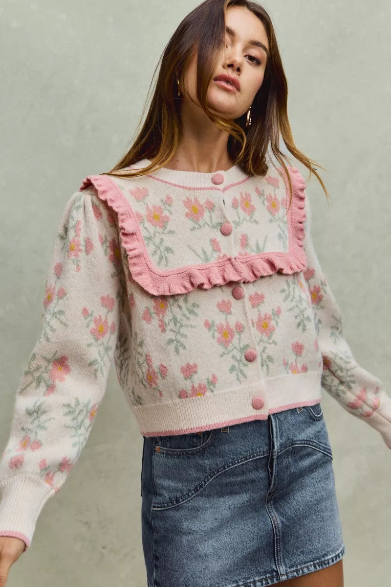 Flower With Ruffle Detailing Sweater Cardigan