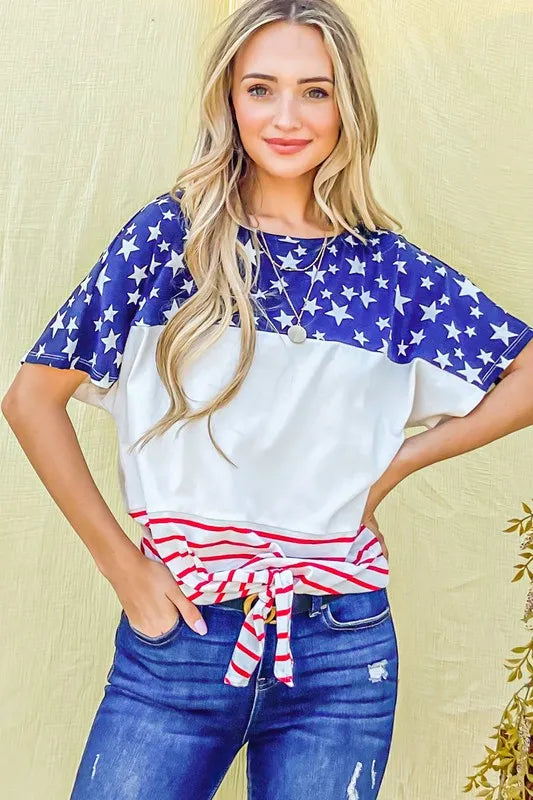 American Flag Print Tie Knot Front Casual Top