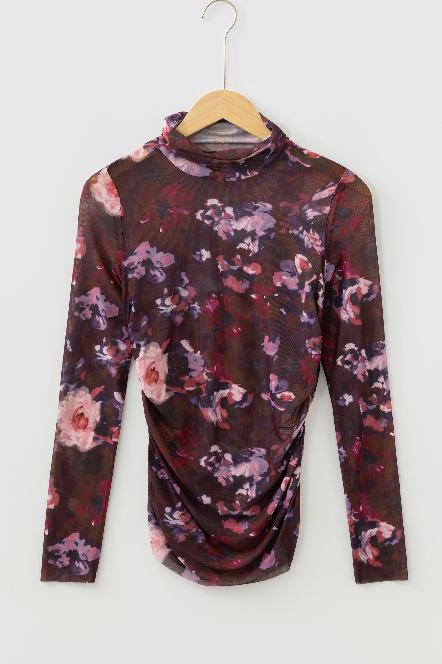 Brown High Neck Ruched Floral Mesh Top