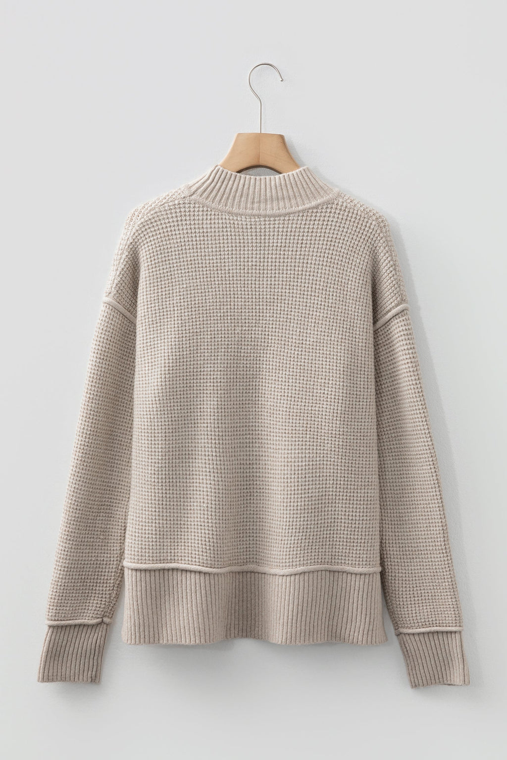 Gray Morn Waffle Texture Knit Ribbed High Neck Drop Shoulder Sweater