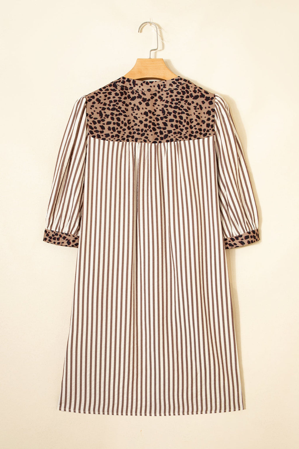 Khaki Stripe Square Button Leopard Trim Loose Bracelet Sleeve Shirt Dress