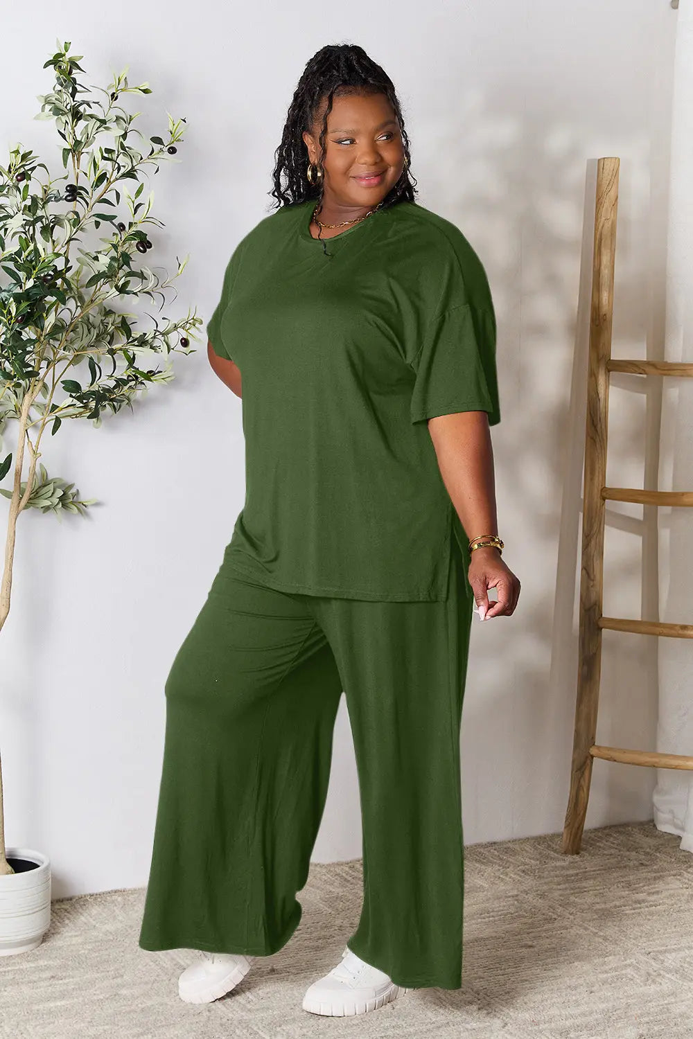I am a Fashion Junky Full Size Round Neck Slit Top and Pants Set