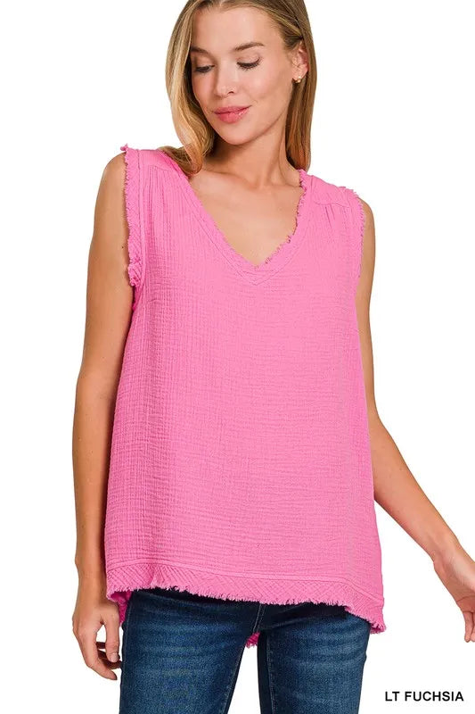 Double Gauze Raw Edge V-Neck Tank