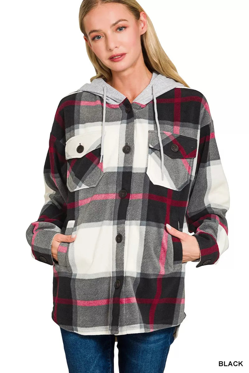 Plaid Drawstring Hooded Fleece Shacket
