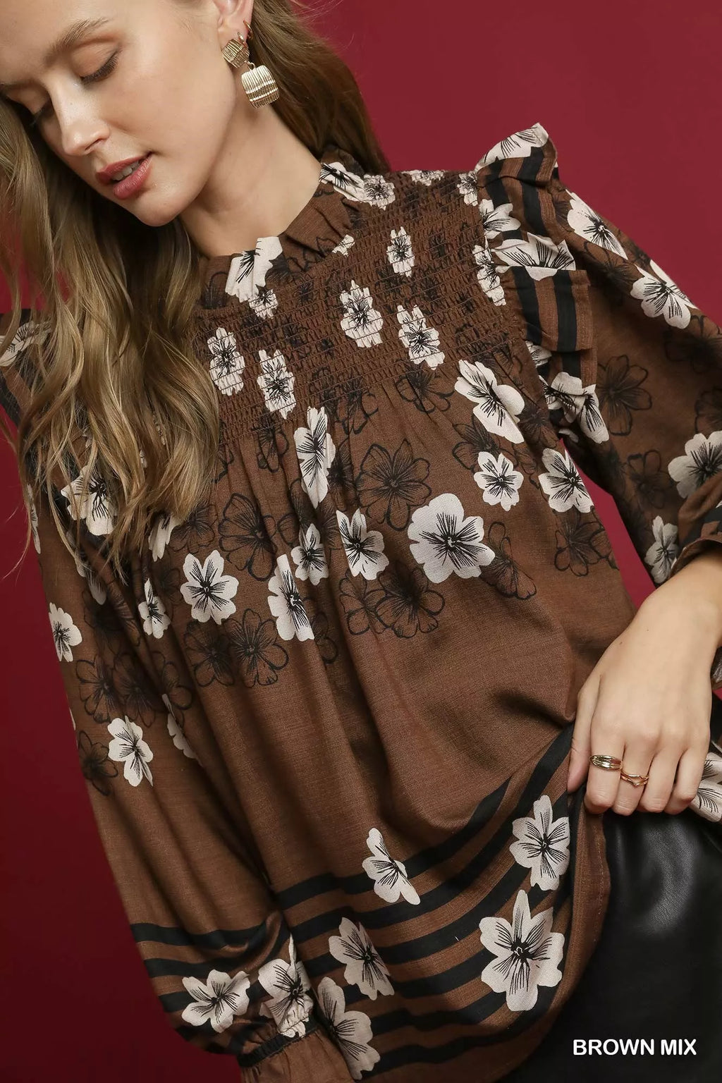 Full Size Mix Floral Smocked Ruffle Blouse Plus Size