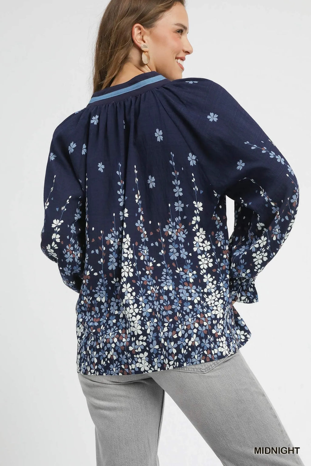 Full Size Floral Vine Print Blouse with Balloon Sleeves Plus Size