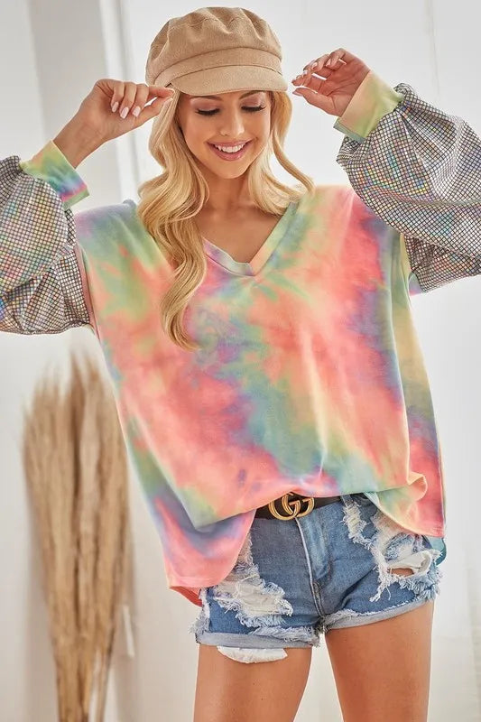 V Neck Tie Dye French Terry Top with Shiny